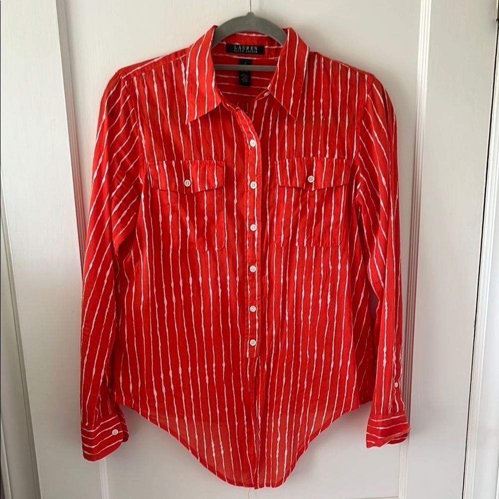 LAUREN RALPH LAUREN Orange and White Striped button up cotton Shirt preppy S